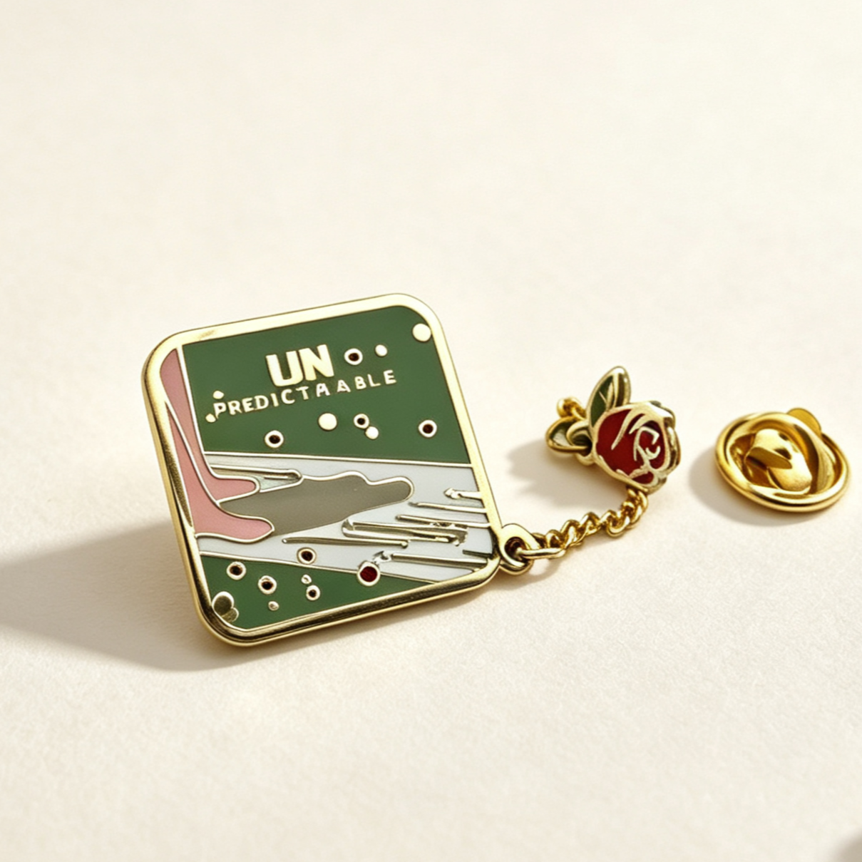 Vintage Square Enamel Pin with Hanging Rose Chain