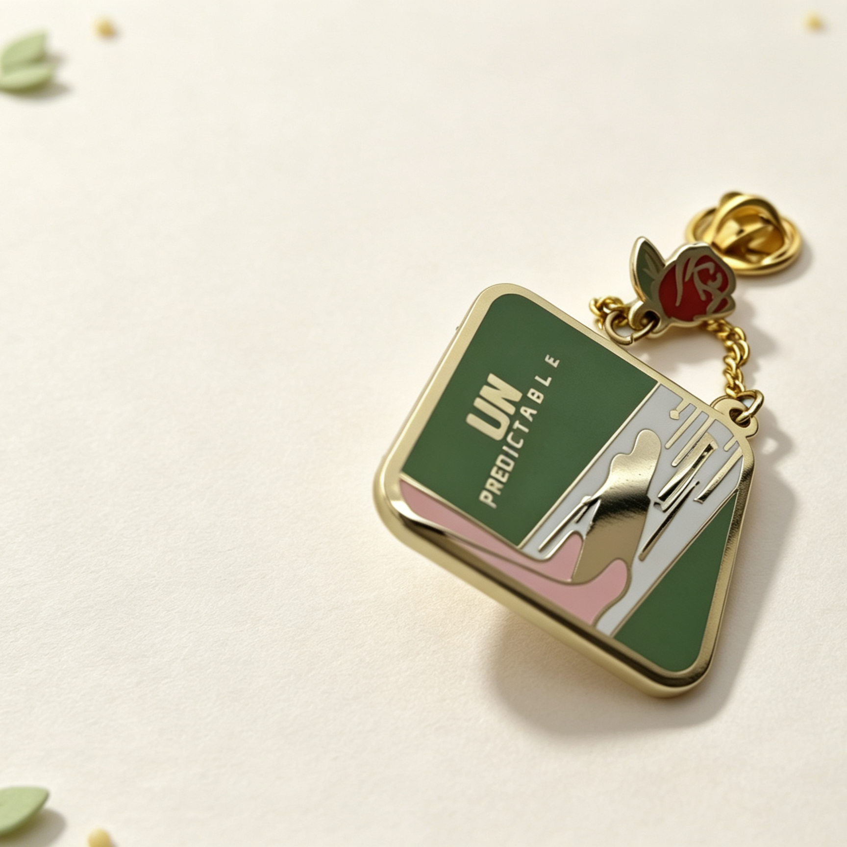 Vintage Square Enamel Pin with Hanging Rose Chain